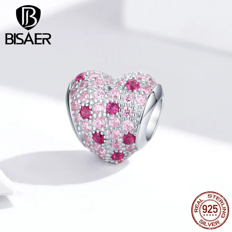 925 Silver Pink CZ Love Heart Bead Charm for Bracelets