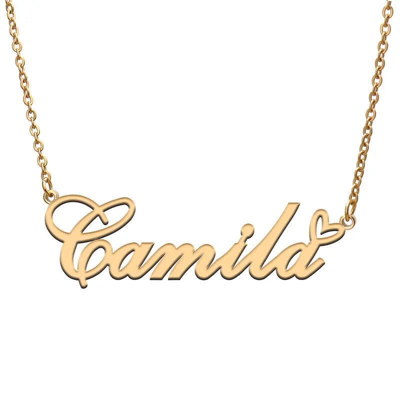 Love Heart Camila Name Necklace Stainless Steel & Silver Nameplate Pendant