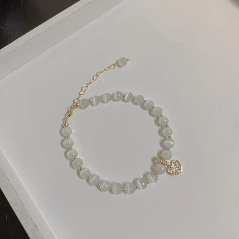 Love Heart Opal Cat's Eye Stone Crystal Beads Bracelet for Women Girls