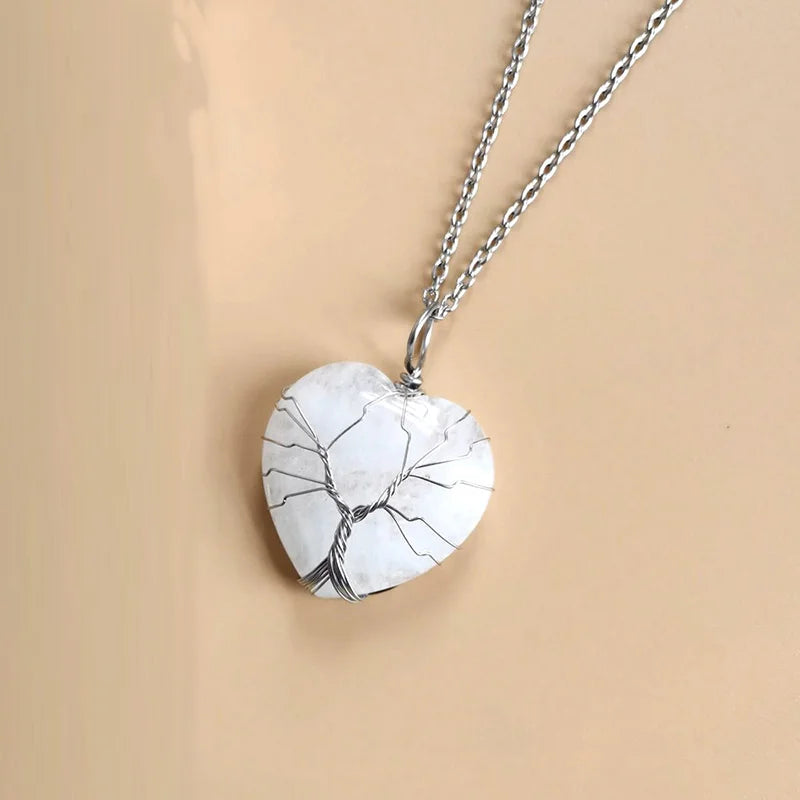 Tree of Life Necklace Silvery Wire Wrapped Reiki Healing Crystal Pendant