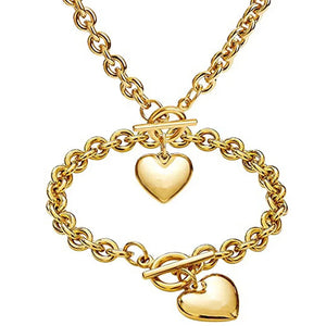 Love Heart Necklace and Bracelet Set Stainless Steel Jewelry