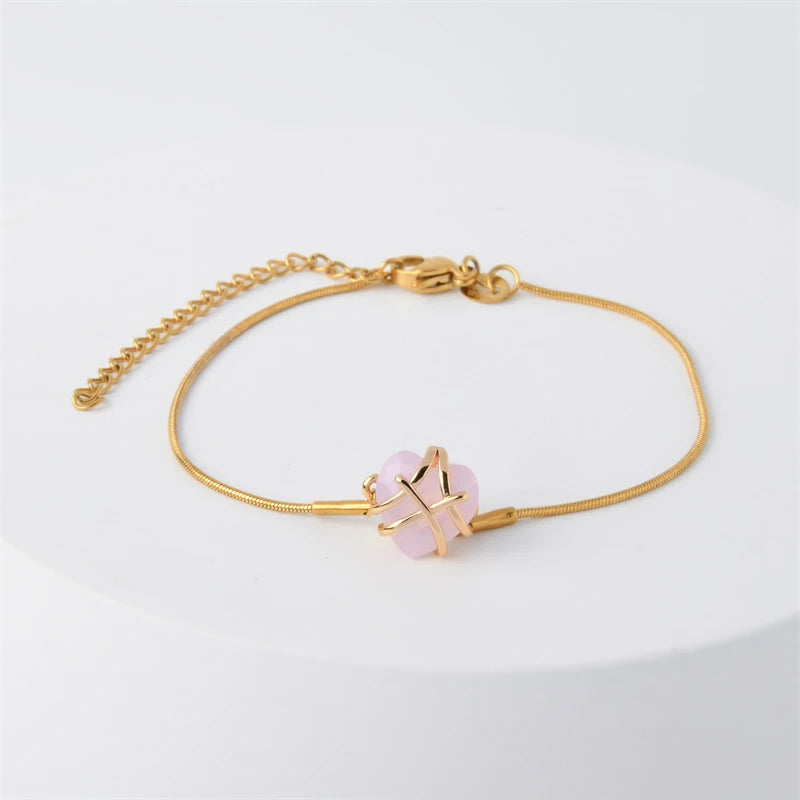 Rose Quartz Castle Bracelet with Pink Zirconia Charms