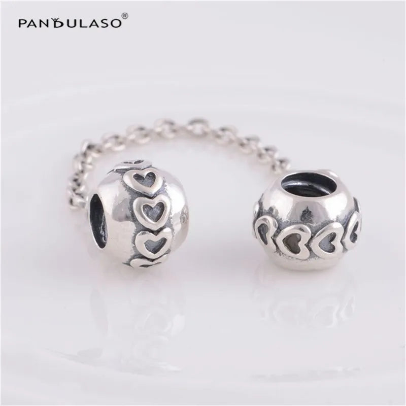 Vintage Love Heart Safety Chain Beads for Silver 925 Bracelets