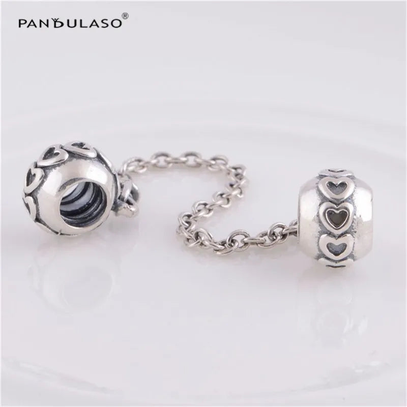 Vintage Love Heart Safety Chain Beads for Silver 925 Bracelets