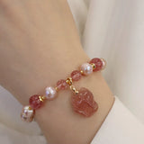 Strawberry Quartz Fox Charm Bracelet with Pearls