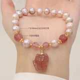 Strawberry Quartz Fox Charm Bracelet with Pearls