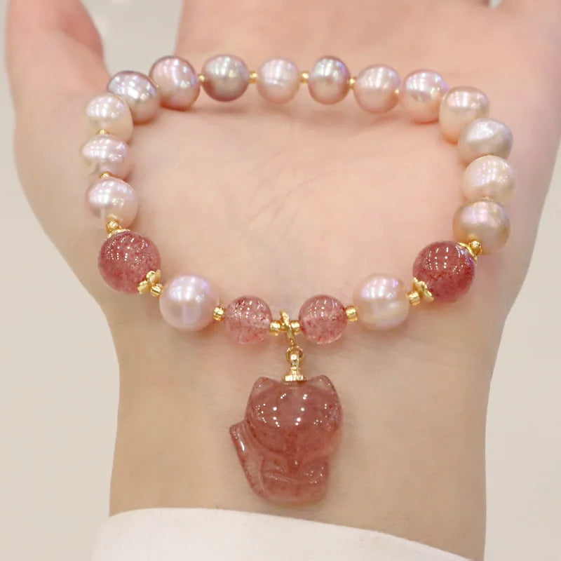 Strawberry Quartz Fox Charm Bracelet with Pearls