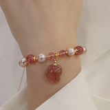 Strawberry Quartz Fox Charm Bracelet with Pearls