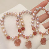 Strawberry Quartz Fox Charm Bracelet with Pearls