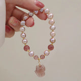 Strawberry Quartz Fox Charm Bracelet with Pearls