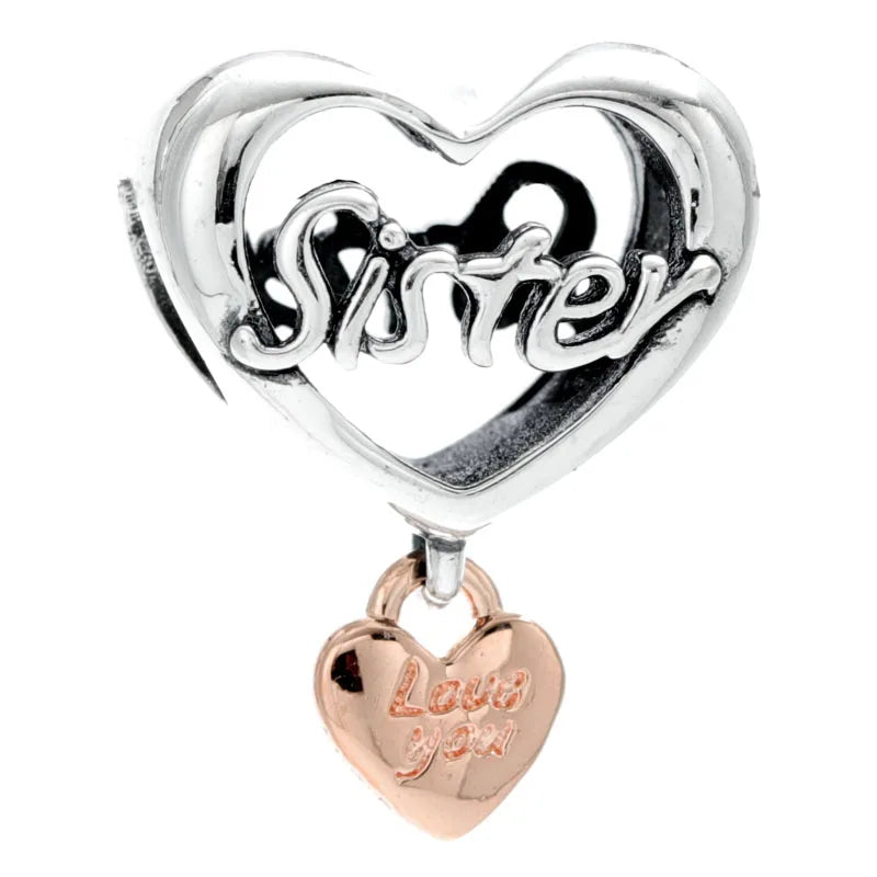 925 Silver Love Sister Heart Charm Bead for Bracelet DIY