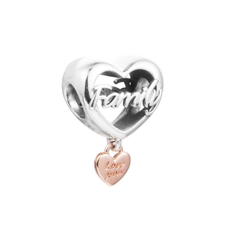 Love You Family Heart Charm Beads DIY Jewelry Bracelet Women Silver 925