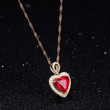 Love Heart Ruby Gemstone Zircon Diamond Pendant Necklace 18K Rose Chain Choker