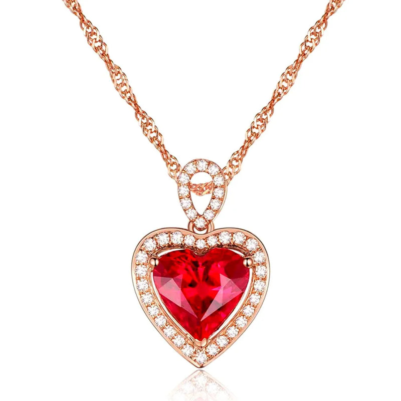 Love Heart Ruby Gemstone Zircon Diamond Pendant Necklace 18K Rose Chain Choker
