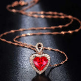 Love Heart Ruby Gemstone Zircon Diamond Pendant Necklace 18K Rose Chain Choker