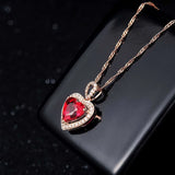 Love Heart Ruby Gemstone Zircon Diamond Pendant Necklace 18K Rose Chain Choker