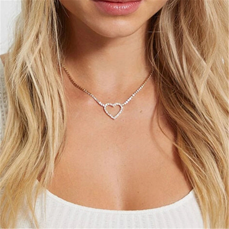 Love Rhinestone Necklace Women's Collar Chain Hollow Heart Pendant