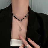 Lovelink Double Layer Leather Metal Necklace Girls Silver Zircon Cross Pendant