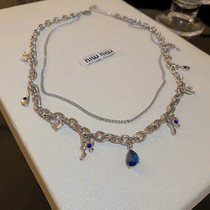 Lovelink Silver Double Layer Women Necklace Adjustable Dark Crystal Chain