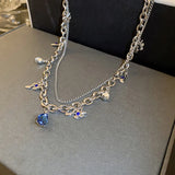 Lovelink Silver Double Layer Women Necklace Adjustable Dark Crystal Chain