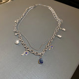 Lovelink Silver Double Layer Women Necklace Adjustable Dark Crystal Chain
