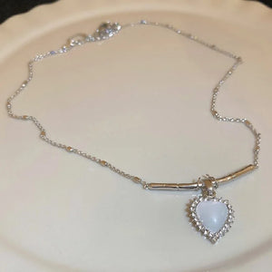 Silver Heart Pendant Necklace Zircon Short Chain Women Accessory