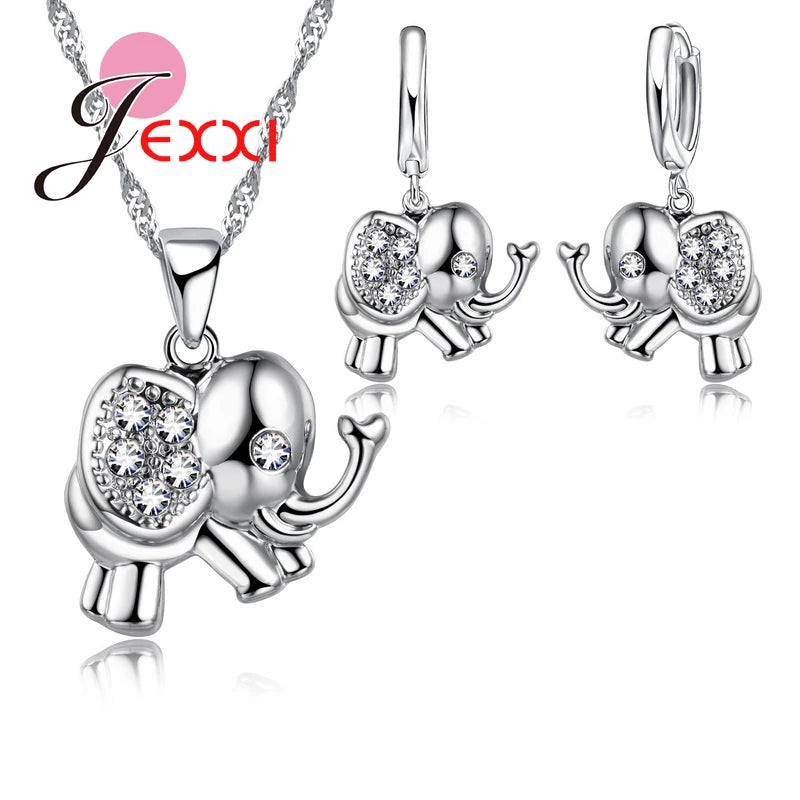 925 Silver CZ Elephant Necklace Earrings Set