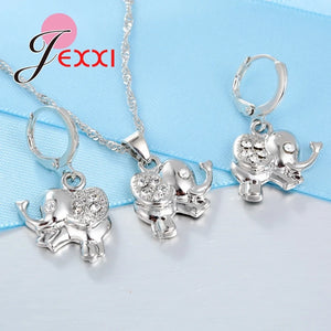 925 Silver CZ Elephant Necklace Earrings Set
