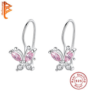 925 Silver Pink Zircon Butterfly Earrings for Kids