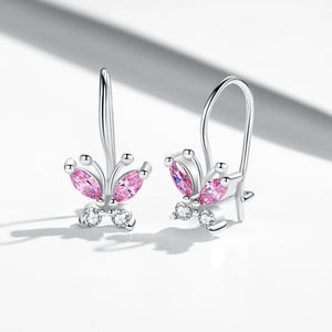 925 Silver Pink Zircon Butterfly Earrings for Kids