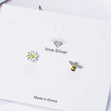 Asymmetric Bee Sun Flower Zircon Earrings 925 Silver