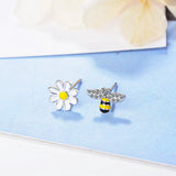 Asymmetric Bee Sun Flower Zircon Earrings 925 Silver