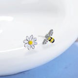 Asymmetric Bee Sun Flower Zircon Earrings 925 Silver