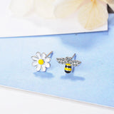 Asymmetric Bee Sun Flower Zircon Earrings 925 Sterling Silver Boucle D'oreille
