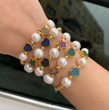 CZ Pave Enamel Heart Pendant Bracelet with Freshwater Pearl Beads