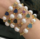 CZ Pave Enamel Heart Pendant Bracelet with Freshwater Pearl Beads