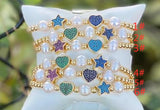 CZ Pave Enamel Heart Pendant Bracelet with Freshwater Pearl Beads