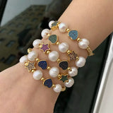 CZ Pave Enamel Heart Pendant Bracelet with Freshwater Pearl Beads