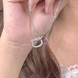 Cartoon Cat Kids Chain Necklace Hollowed Kitty Synthetic Crystal Gift