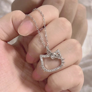 Cartoon Cat Kids Chain Necklace Hollowed Kitty Synthetic Crystal Gift