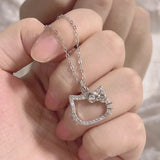 Cartoon Cat Kids Chain Necklace Hollowed Kitty Synthetic Crystal Gift