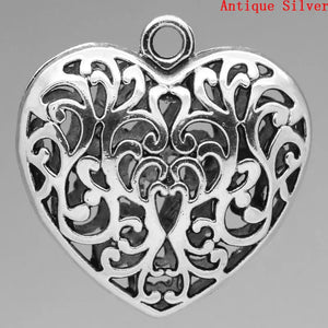 Heart Silver Charm Pendants Hollow 5.1x5cm 3PCs