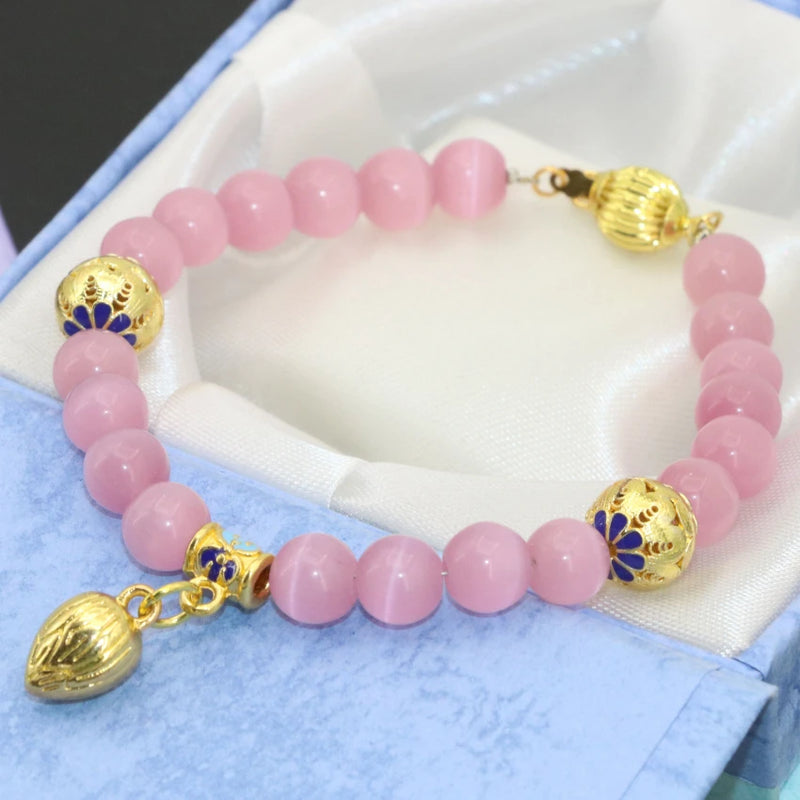 Cloisonne Spacers Pink Cat Eyes 8mm Round Beads Bracelets - 7.5inch