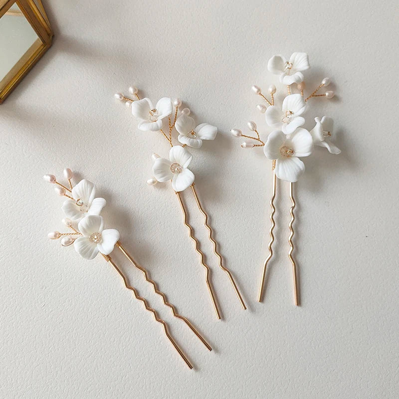 Freshwater Pearls Ceramic Flower Bridal Hair Pin Set Wedding Accessories