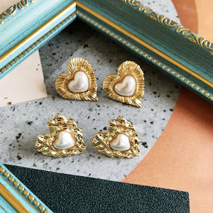 Heart Metal Stud Earrings with Pearl Detail