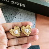 Heart Metal Stud Earrings with Pearl Detail