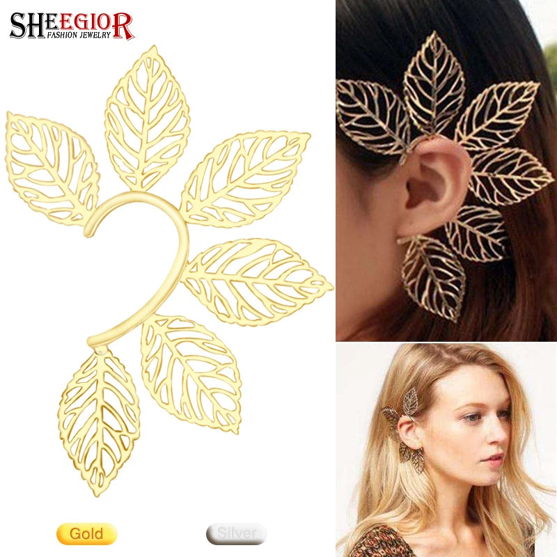 Leaf Ear Hook Big Earrings Silver No-EarHole Clip Earring 1pc