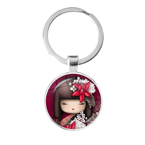 Japanese Girl Face Keychain Anime Doll Face Glass Key Ring Holder Bag Charm