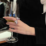 Lovely Bowknot Big Zircon Finger Ring Exaggerated Crystal Silver Jewelry
