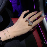 Lovely Bowknot Big Zircon Finger Ring Exaggerated Crystal Silver Jewelry